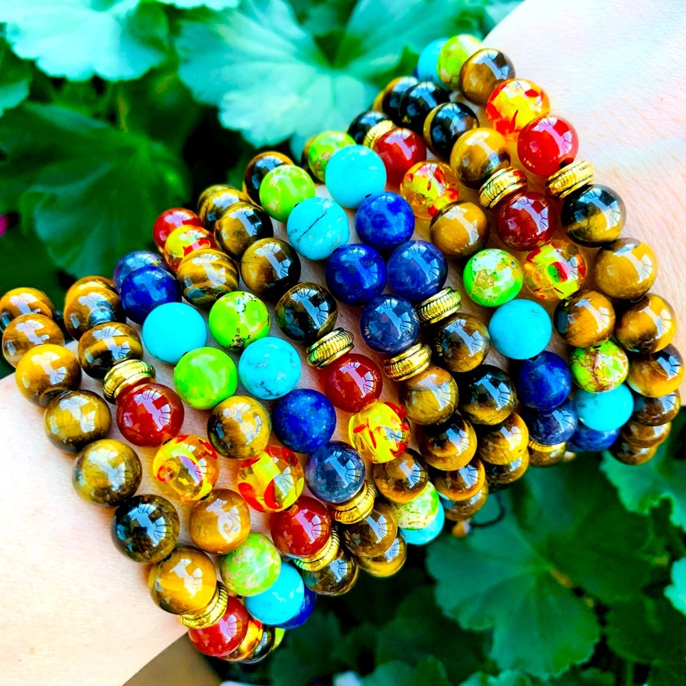 Genuine 7 Chakra Tiger Eye Gemstone Chip Bracelet
